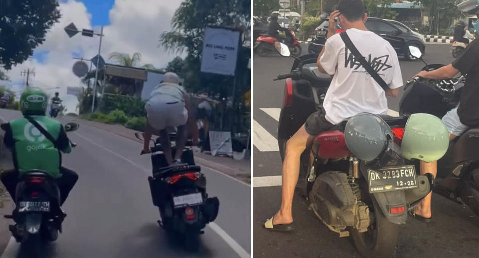 Tourists break the rules while riding motorbikes in Bali.