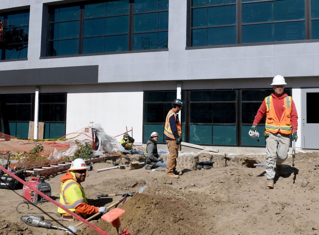 Crews work outside a future classroom building at Oxnard's Del Sol High School in February.