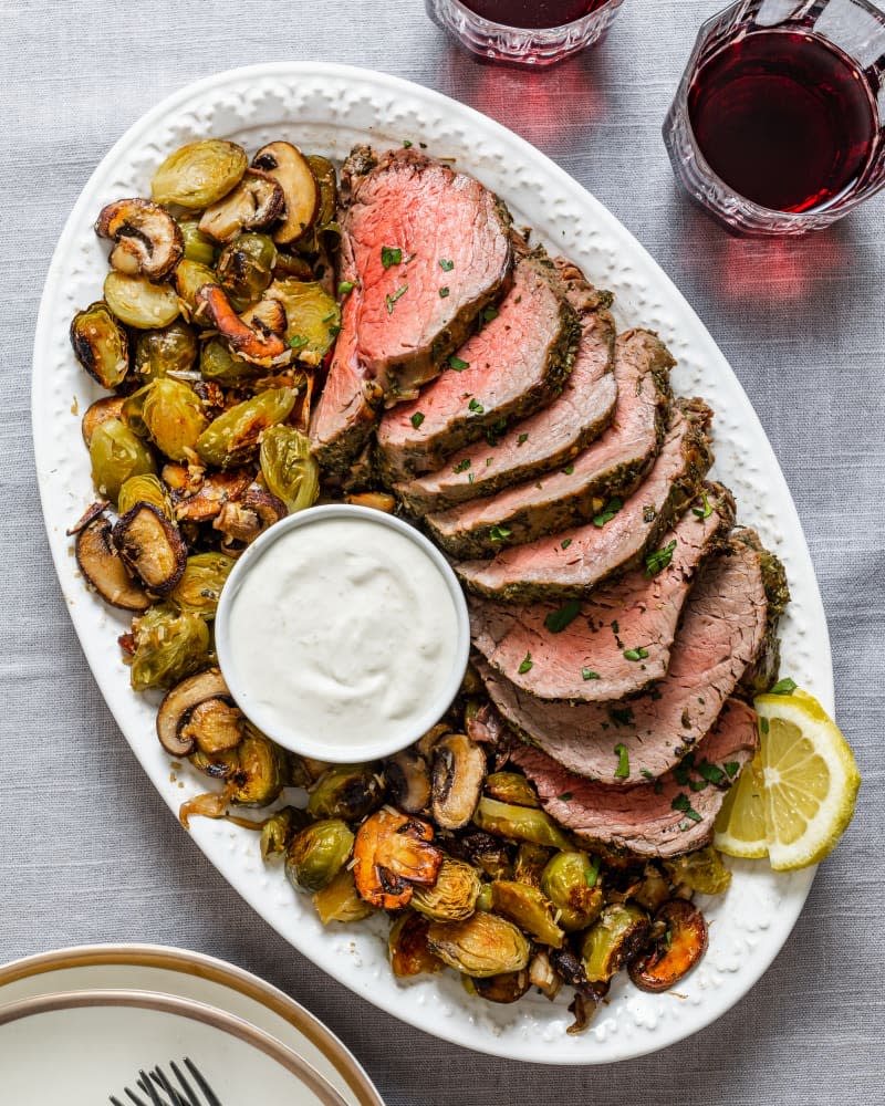 Sheet Pan Beef Tenderloin with Mushrooms and Brussels Sprouts 