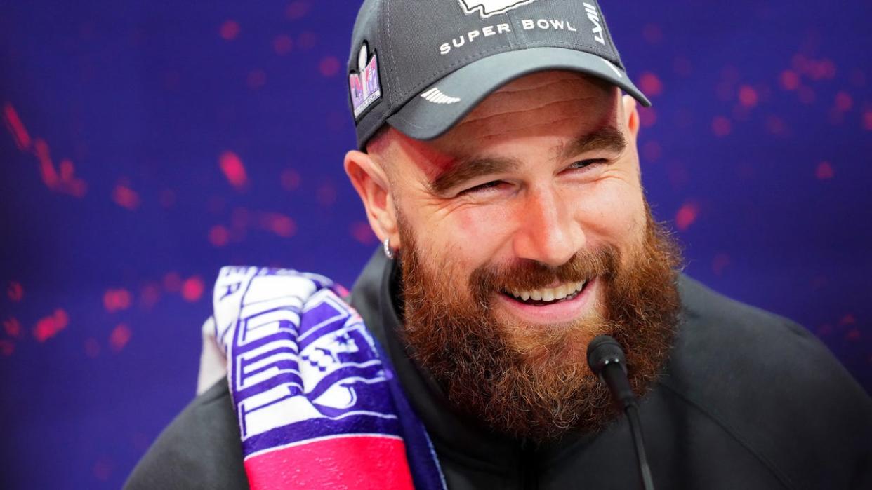 <div>LAS VEGAS, NEVADA - FEBRUARY 05: Travis Kelce of the Kansas City Chiefs speaks to the media during Super Bowl LVIII Opening Night at Allegiant Stadium on February 05, 2024 in Las Vegas, Nevada. (Photo by Chris Unger/Getty Images)</div> <strong>(Getty Images)</strong>