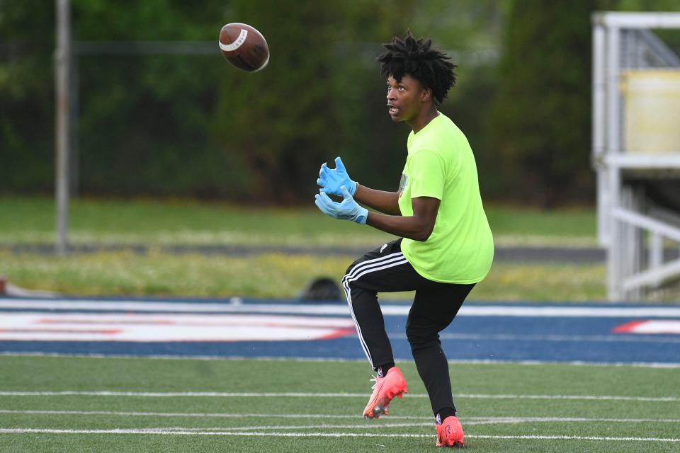 West High School wide receiver Shannon Blair during football practice on Monday, May 3, 2021. 