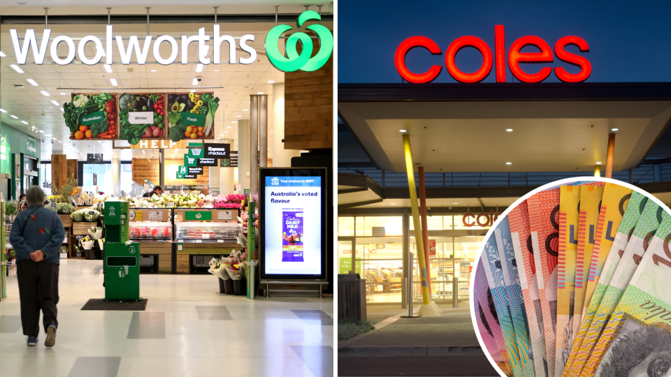 Woolworths and Coles supermarket store fronts. Australian money notes.