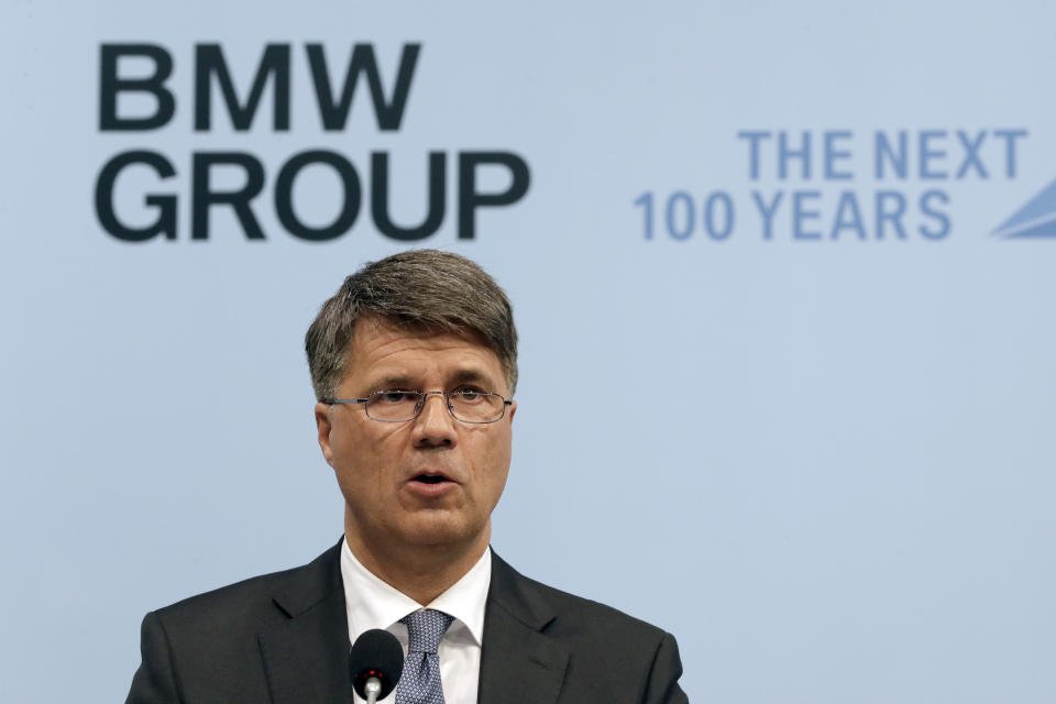 CEO of the German car manufacturer BMW, Harald Krueger, briefs the media during the earnings press conference in Munich, Germany, Tuesday, March 21, 2017. (AP Photo/Matthias Schrader)