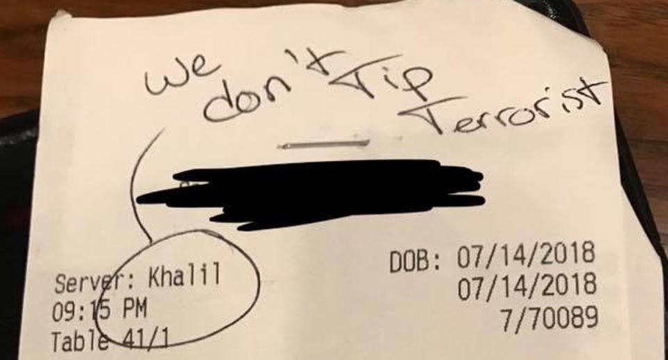 Mr Cavil, who was a waiter at a Texas steakhouse, claimed that a customer had left racist remarks on a receipt. Source: Facebook/Khalil Cavil