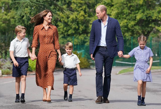 <p>Jonathan Brady - Pool/Getty</p> Prince George, Kate Middleton, Prince Louis, Prince William and Princess Charlotte on their first day of school in 2022