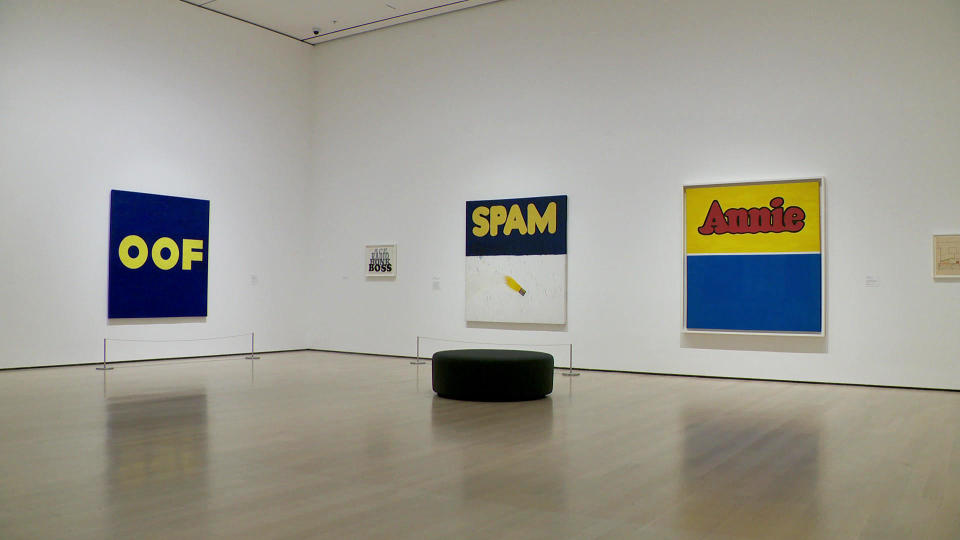 An installation view of Ruscha's word art, from the exhibition 