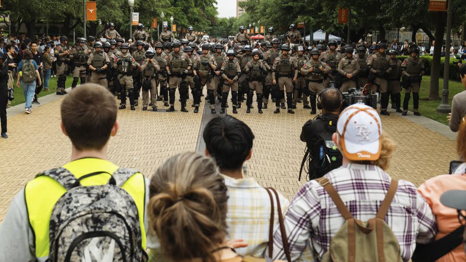 Pro-Palestinian demonstrators face off with Texas DPS officers on Wednesday, April 24, 2024. - Jordan Vonderhaar/Bloomberg/Getty Images