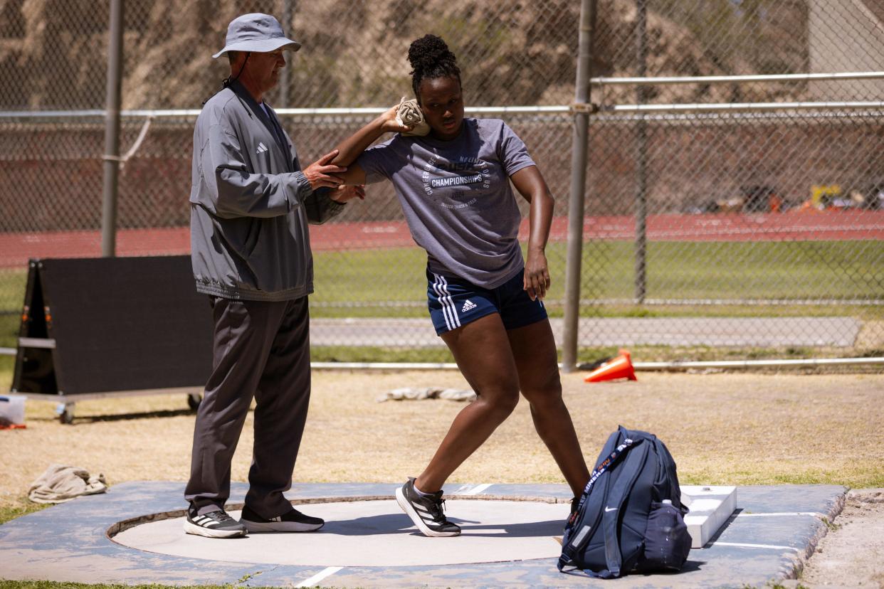 UTEP track and field coach Mika Laaksonen trains javelin thrower Arianne Morais for the Conference USA track and field championships on Wednesday, May 8, 2024 at the Kidd Field. The championships start Friday and wrap up on Sunday. About 500 athletes will compete for D1-titles.