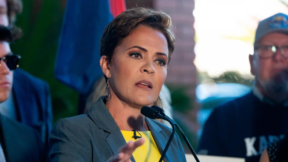 PHOTO: U.S. Senate candidate Kari Lake, R-Ariz., takes questions at a news conference, Feb. 29, 2024, in Phoenix. (Rebecca Noble/Getty Images, FILE)