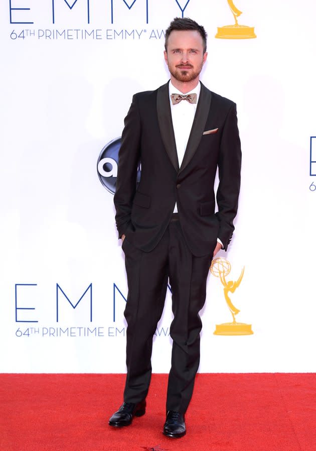 The perennially cute Aaron Paul, who took home another supporting actor Emmy for his role in the addictive cable drama “Breaking Bad,” didn’t look as dashing as we hoped he would for his big night. His pants were a bit too baggy and low and the beige bow-tie just didn’t do it for us