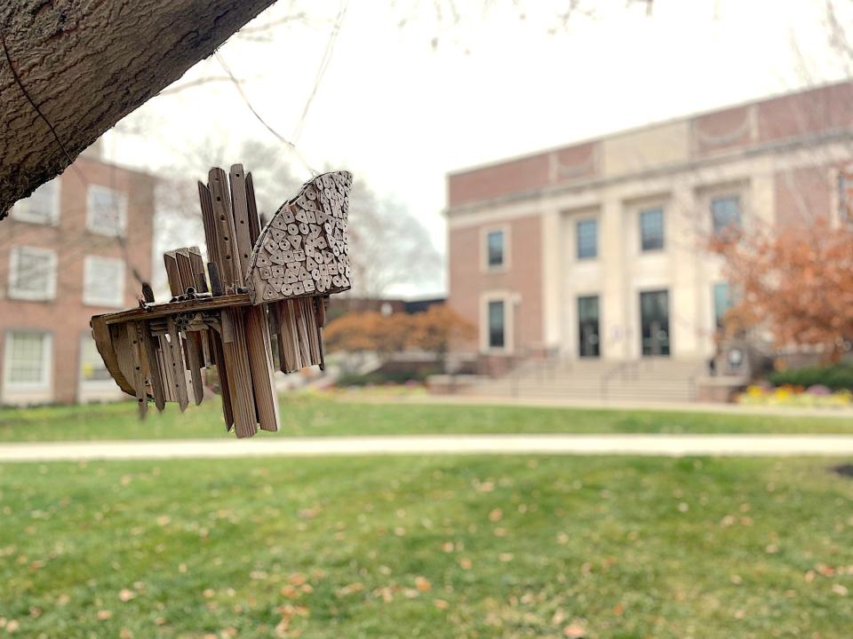 One of the artist bee hotels outside Doane Library at Denison University. The hotels dotting the Granville campus are a collaborative effort by students in the studio art and biology departments, who worked together to create and monitor safe spaces for some of the 500 species of bees in Ohio.