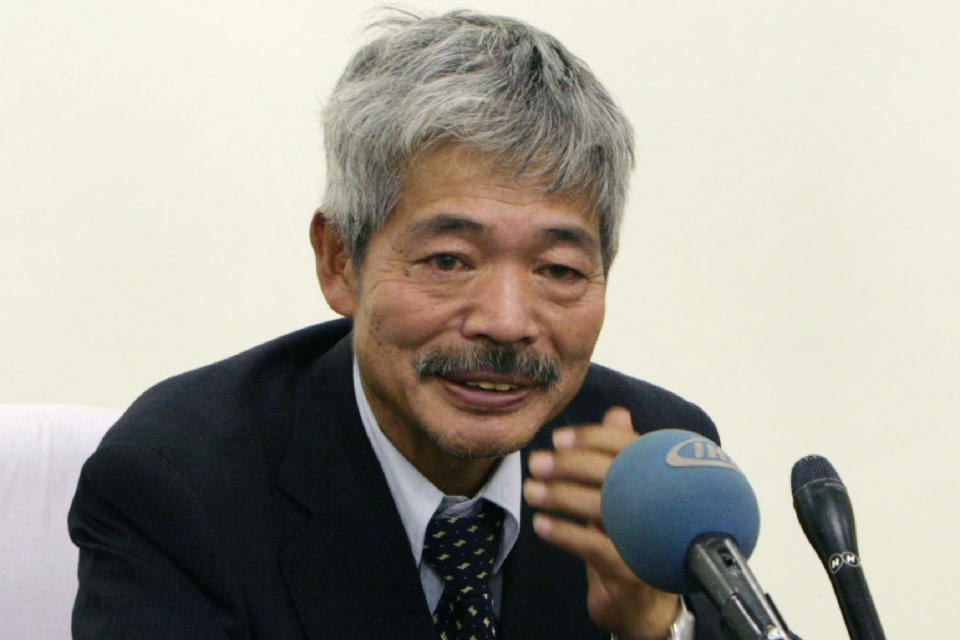 FILE- In this Aug. 28, 2008, file photo, Tetsu Nakamura, who has headed the Japanese charity, Peace Medical Service, speaks during a press conference regarding the killing of the Japanese aid worker Kazuya Ito, at the Japanese embassy in Kabul, Afghanistan. The Japanese physician and aid worker in eastern Afghanistan died of his wounds after an attack Wednesday, Dec. 4, 2019, that also killed five Afghans, including the doctor’s bodyguards, the driver and a passenger, a hospital spokesman said. (AP Photo/Musadeq Sadeq, File)