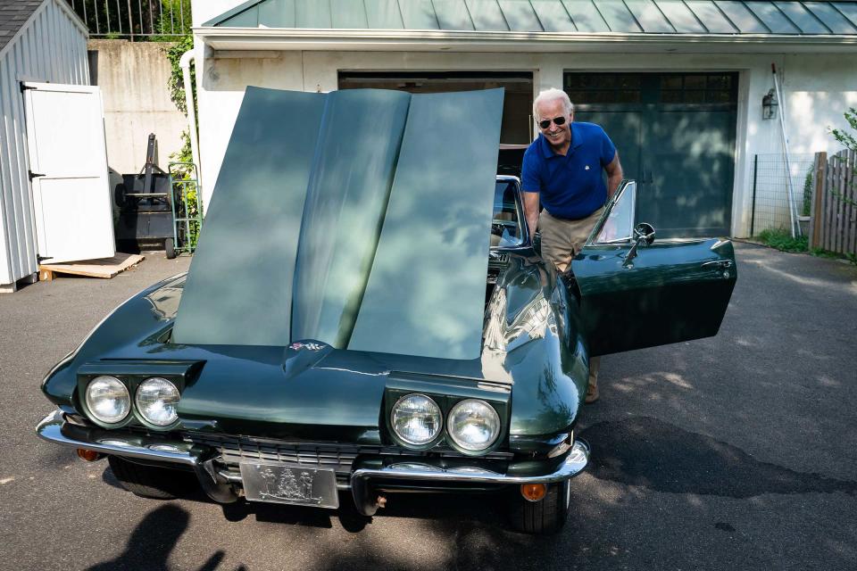Classified documents were found as part of a personal library in the garage of President Joe Biden. Biden is pictured here with his Corvette Stingray in Wilmington, DE on July 16, 2020.<span class="copyright">Adam Schultz—Biden for President</span>