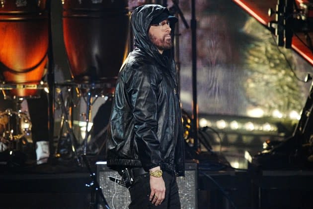 Eminem performs on stage during the 37th Annual Rock &nRoll Hall Of Fame Induction Ceremony at Microsoft Theater on November 05, 2022 in Los Angeles, California - Credit: Jeff Kravitz/FilmMagic