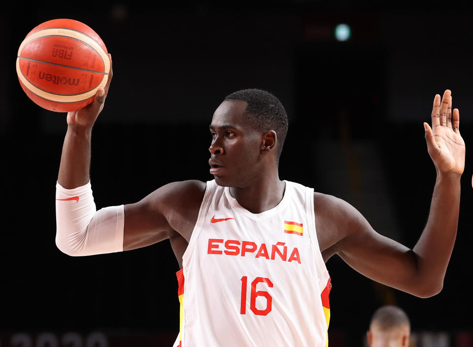 SAITAMA, JAPAN - AUGUST 03: Usman Garuba #16 of Team Spain reacts against Team United States during the second half of a Men's Basketball Quarterfinal game on day eleven of the Tokyo 2020 Olympic Games at Saitama Super Arena on August 03, 2021 in Saitama, Japan. (Photo by Gregory Shamus/Getty Images)