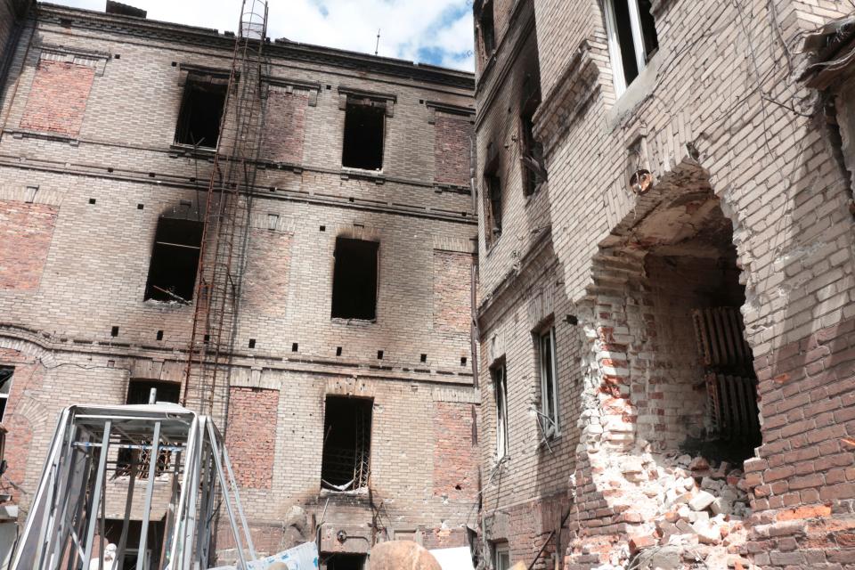 A view of Mariupol's Museum of Local Lore that burned down after shelling in an area controlled by Russian-backed separatist forces in Mariupol, eastern Ukraine, Thursday, April 28, 2022.