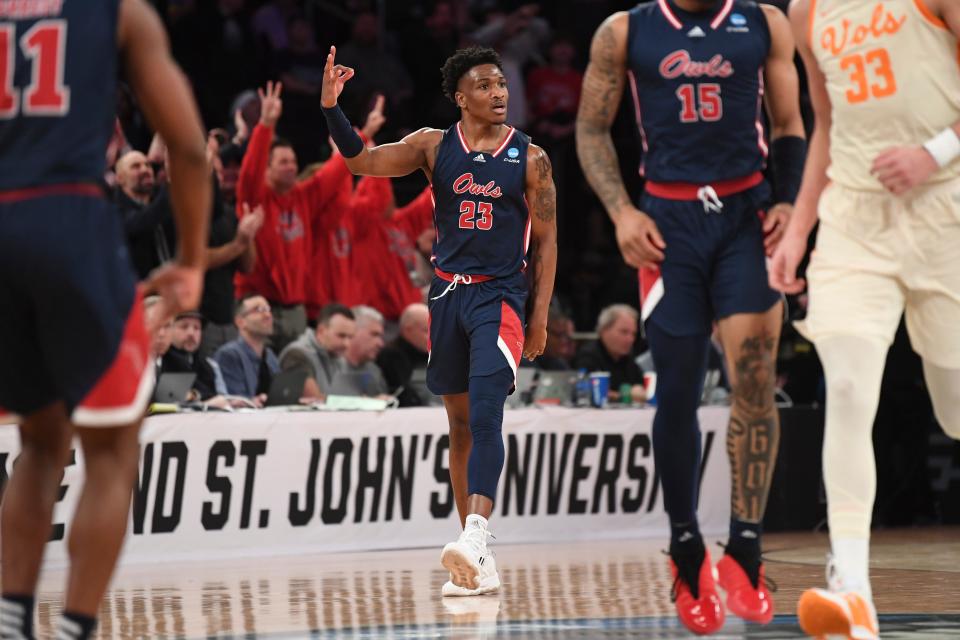 Florida Atlantic University guard Brandon Weatherspoon (23) reacts on the court during a NCAA Tournament Sweet 16 game between Tennessee and FAU in Madison Square Garden, Thursday, March 23, 2023. FAU defeated Tennessee 62-55.