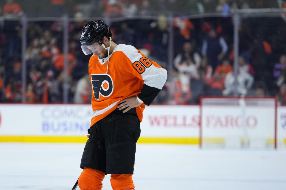 Philadelphia Flyers' Joel Farabee reacts after the Flyers lost an NHL hockey game against the Carolina Hurricanes, Saturday, Oct. 29, 2022, in Philadelphia. (AP Photo/Matt Slocum)