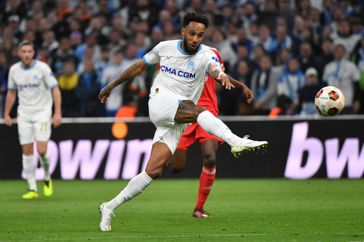 Pierre-Emerick Aubameyang de l’OM en quart de finale retour de Ligue Europa le 18 avril 2024. 