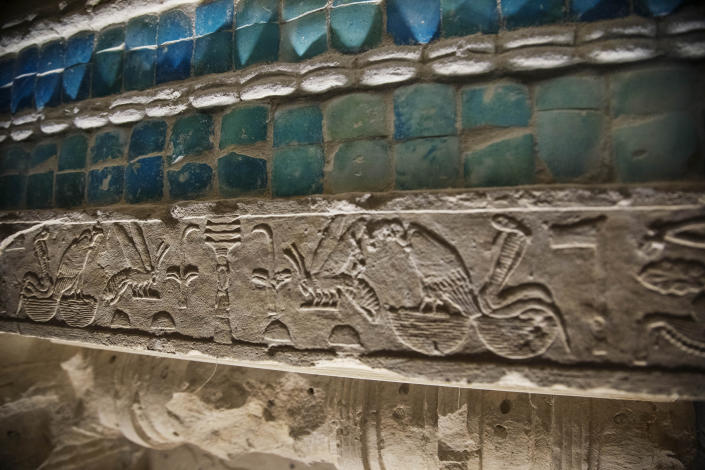 Inscriptions and details adorn the wall of the southern cemetery of King Djoser, after its restoration, near the famed Step Pyramid, in Saqqara, south of Cairo, Egypt, Tuesday, Sept. 14, 2021. (AP Photo/Nariman El-Mofty)