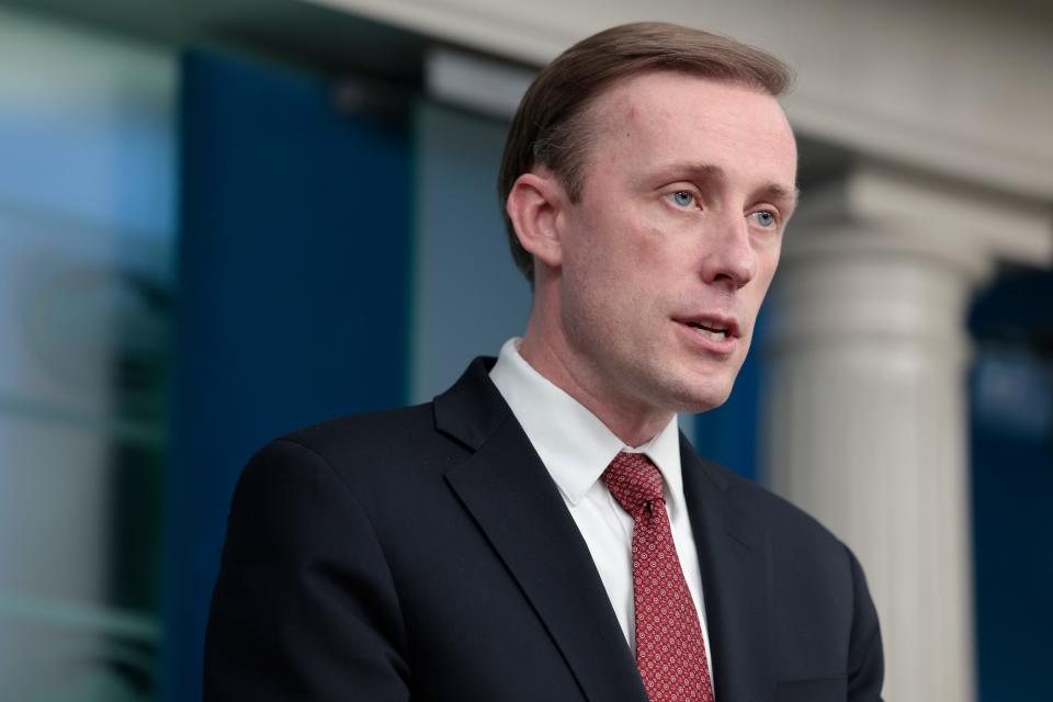 National Security Advisor Jake Sullivan, seen at the White House press briefing on Feb. 11, 2022, said on Feb. 13 that intelligence suggests a Russian invasion of Ukraine could be imminent.