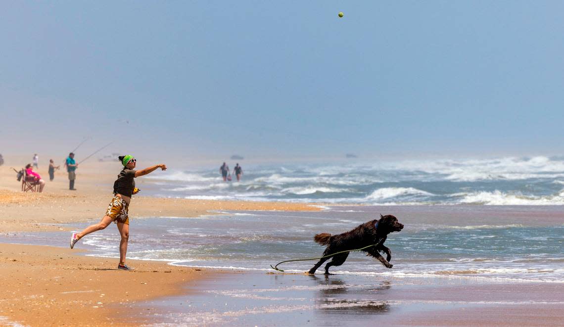 A vacationer tosses a ball for her dog in the surf along the beach at the Outer Banks.