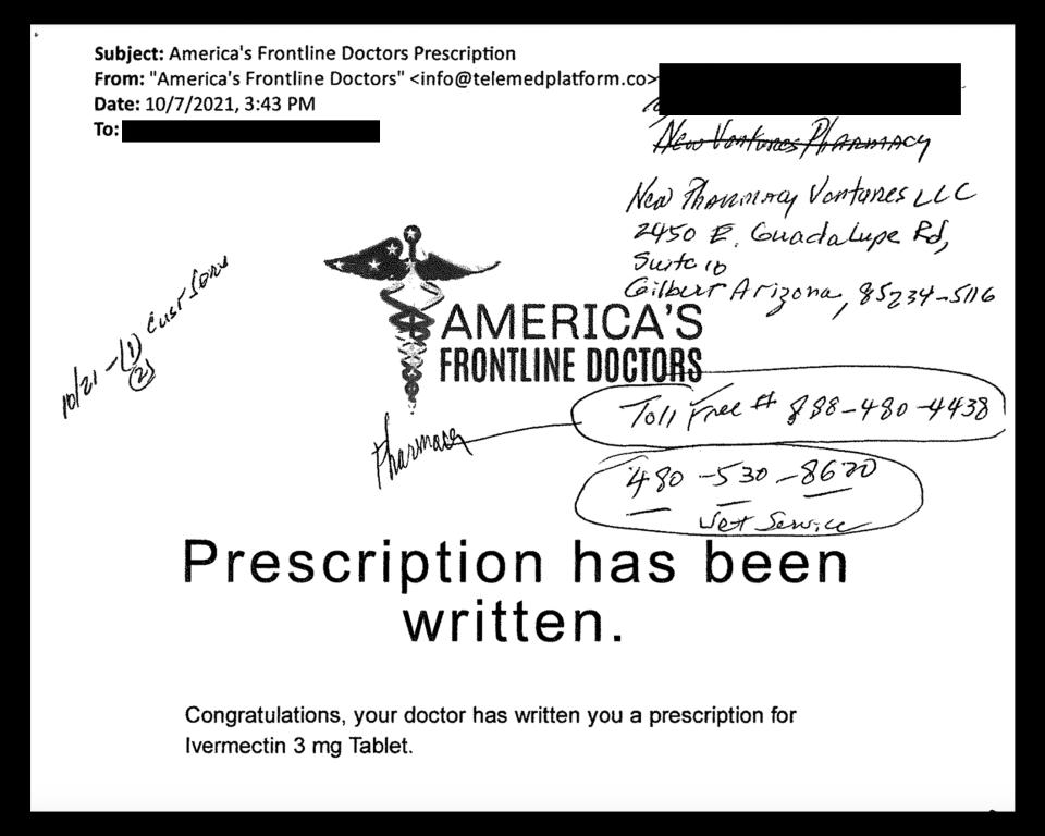 An email to Julie Moore's father confirming a prescription written by America's Frontline Doctors<span class="copyright">Courtesy Julie Moore</span>