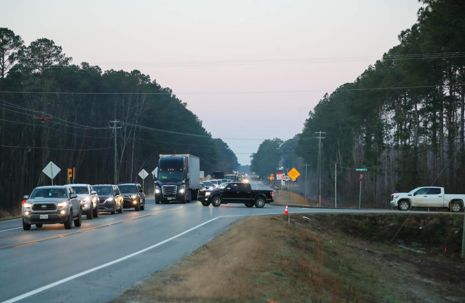 Traffic is backed up on US 280 in Ellabell as vehicles attempt to merge in from Olive Branch Road.