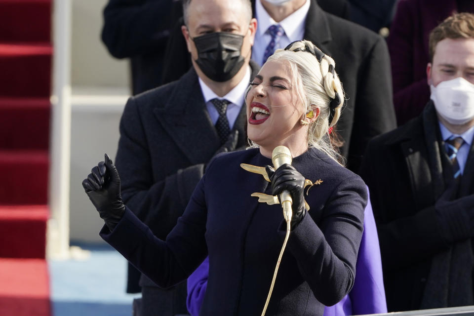 Lady Gaga sings the National Anthem during the 59th Presidential Inauguration at the U.S. Capitol in Washington, Wednesday, Jan. 20, 2021. (AP Photo/Patrick Semansky, Pool)