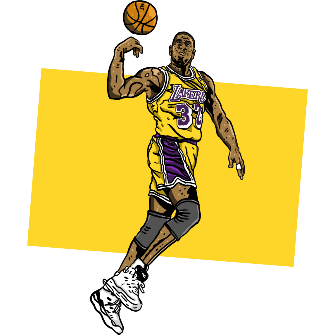 Illustration of Magic Johnson jumping and passing a basketball from his right hand