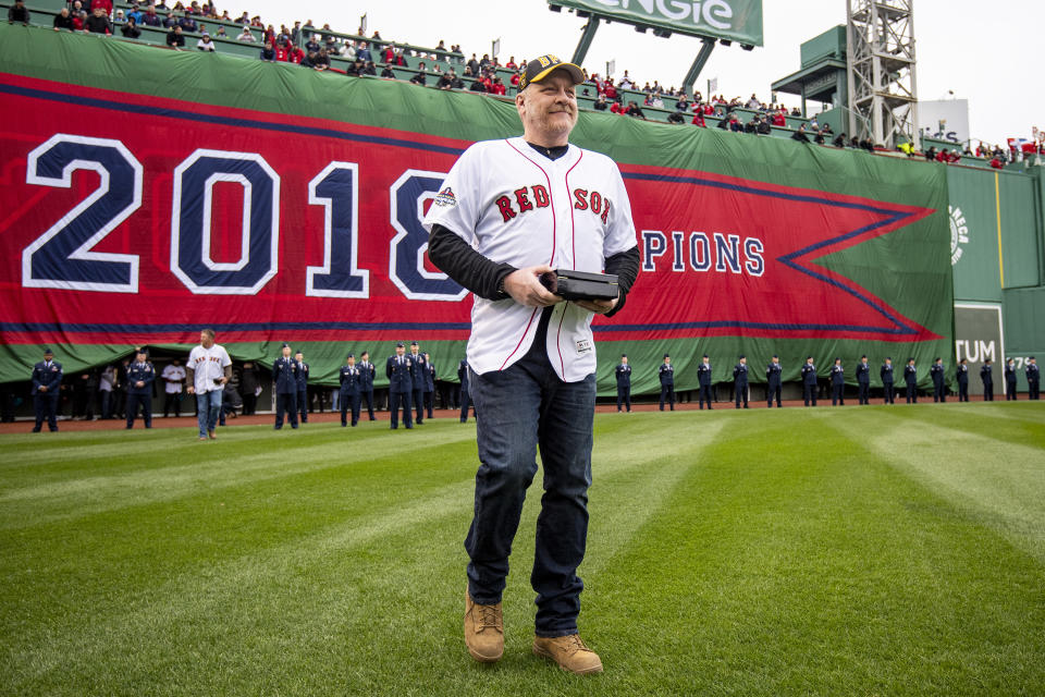 BOSTON, MA - APRIL 9: Former pitcher Curt Schilling of the Boston Red Sox is introduced during a 2018 World Series championship ring ceremony before the Opening Day game against the Toronto Blue Jays on April 9, 2019 at Fenway Park in Boston, Massachusetts. (Photo by Billie Weiss/Boston Red Sox/Getty Images)