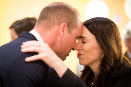 Britain's Prince William greets New Zealand Prime Minister Jacinda Ardern during an ANZAC Day service in Auckland, New Zealand April 25, 2019. Mark Tantrum/The New Zealand Government/Handout via REUTERS