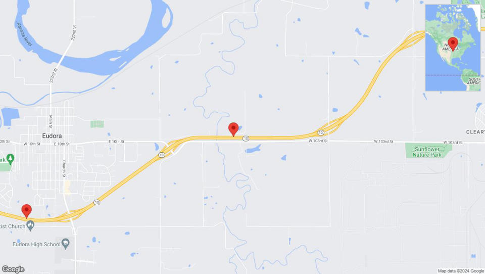 A detailed map that shows the affected road due to 'Heavy rain prompts traffic warning on westbound K-10 in Eudora' on May 6th at 10:42 p.m.