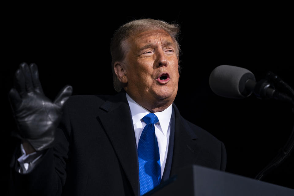 President Donald Trump speaks during a campaign rally at Eppley Airfield, Tuesday, Oct. 27, 2020, in Omaha, Neb. (AP Photo/Evan Vucci)