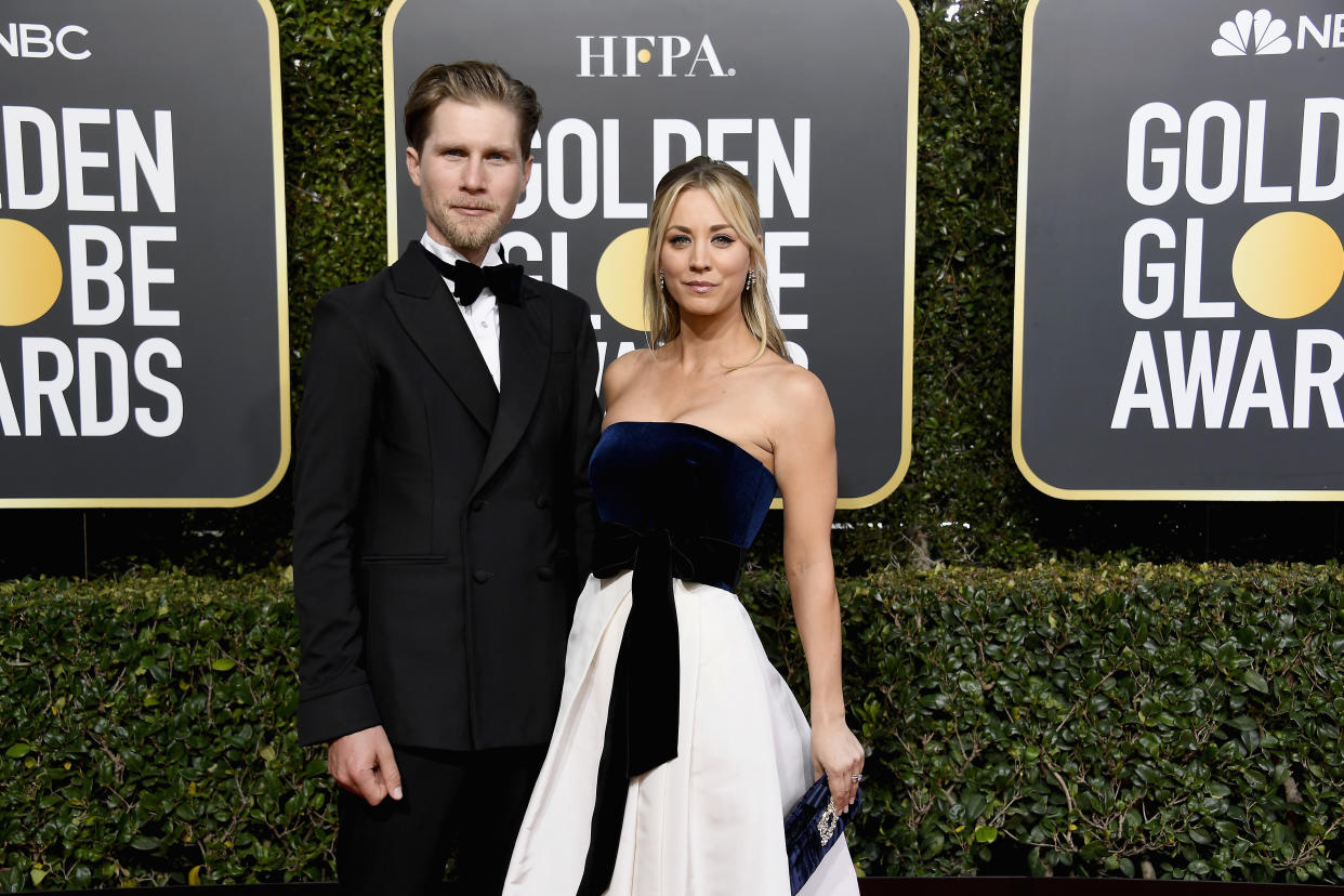 BEVERLY HILLS, CA - JANUARY 06:  76th ANNUAL GOLDEN GLOBE AWARDS -- Pictured: (l-r) Karl Cook and Kaley Cuoco arrive to the 76th Annual Golden Globe Awards held at the Beverly Hilton Hotel on January 6, 2019. --  (Photo by Kevork Djansezian/NBCU Photo Bank/NBCUniversal via Getty Images)