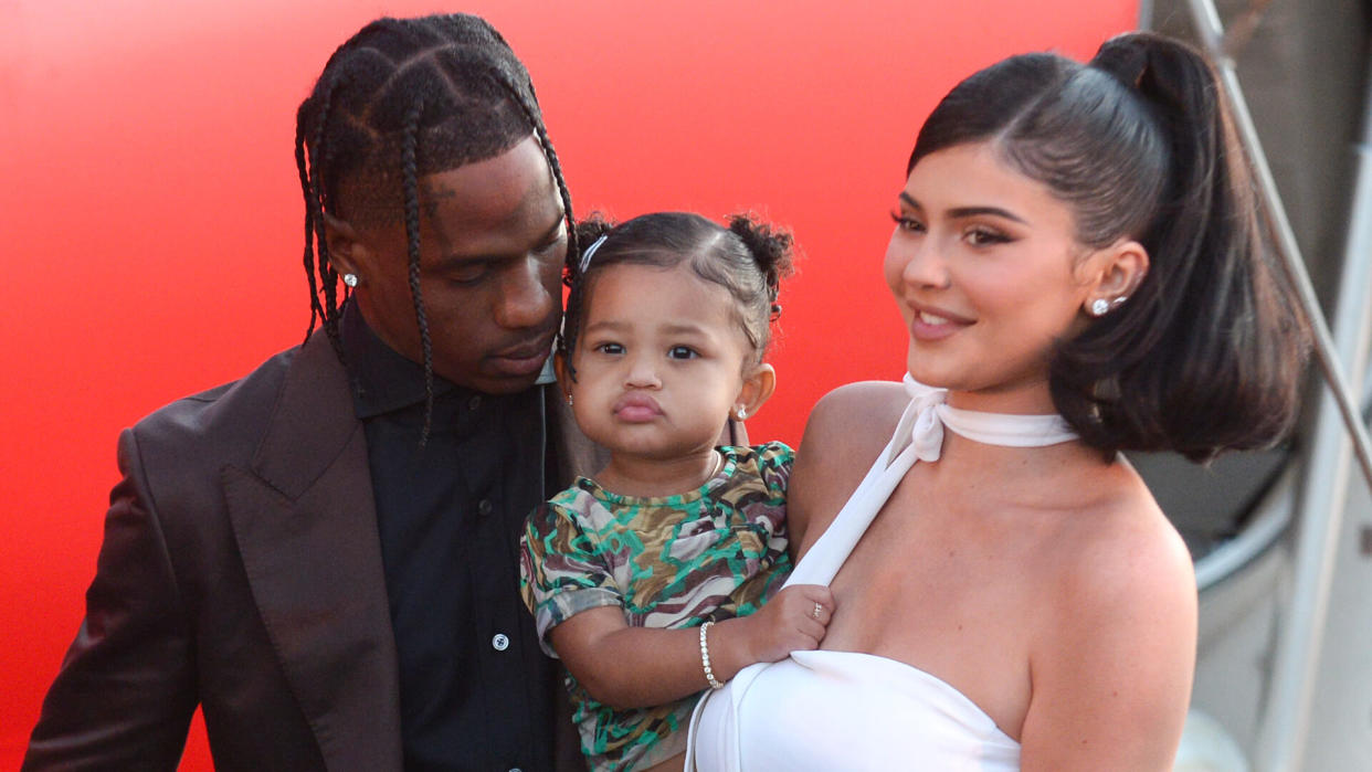 Mandatory Credit: Photo by Broadimage/Shutterstock (10373301c)Travis Scott, Kylie Jenner and Stormi Webster'Travis Scott: Look Mom I Can Fly' film premiere, Arrivals, Barker Hangar, Los Angeles, USA - 27 Aug 2019.