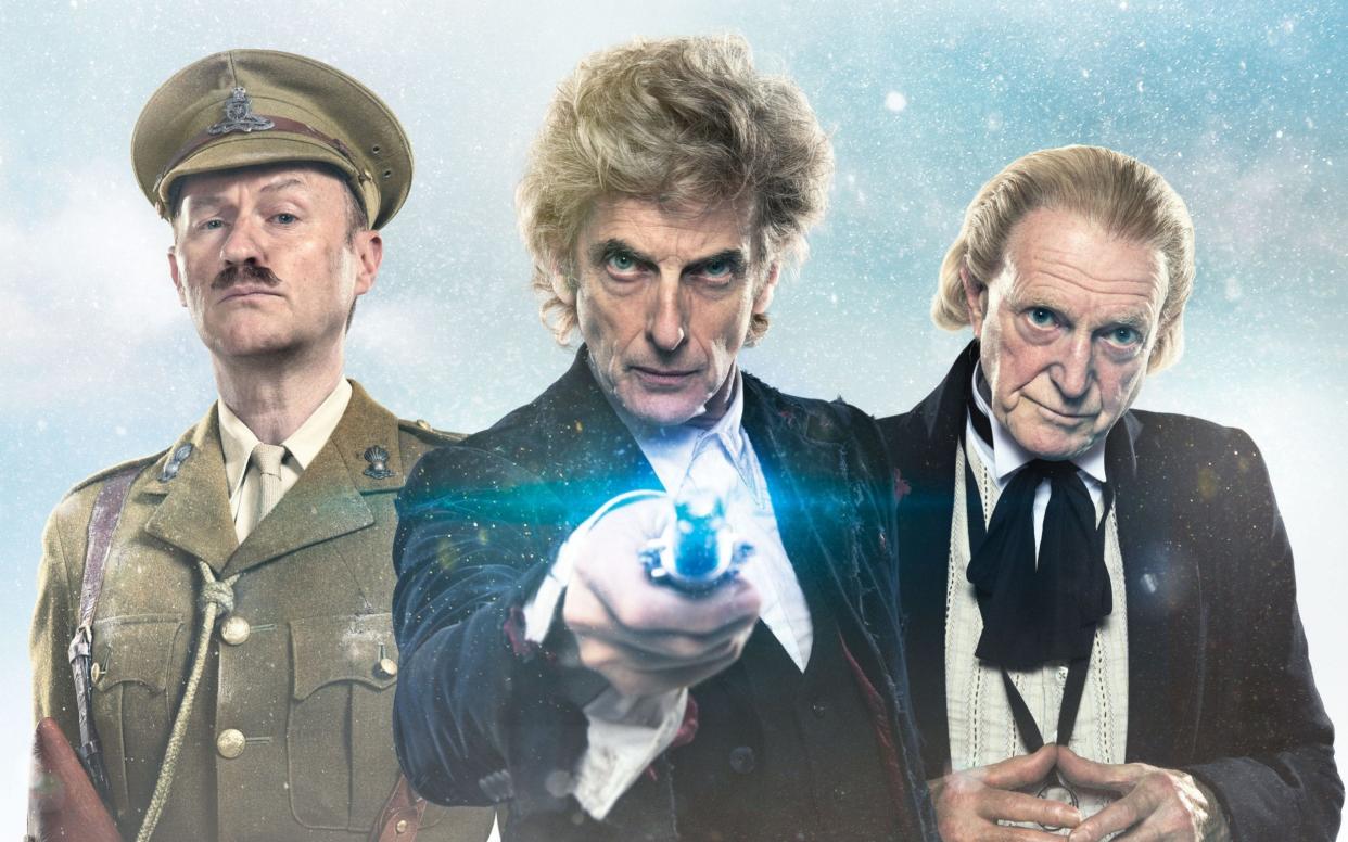 Peter Capaldi, with Mark Gatiss and David Bradley, in the Doctor Who Christmas special - PA