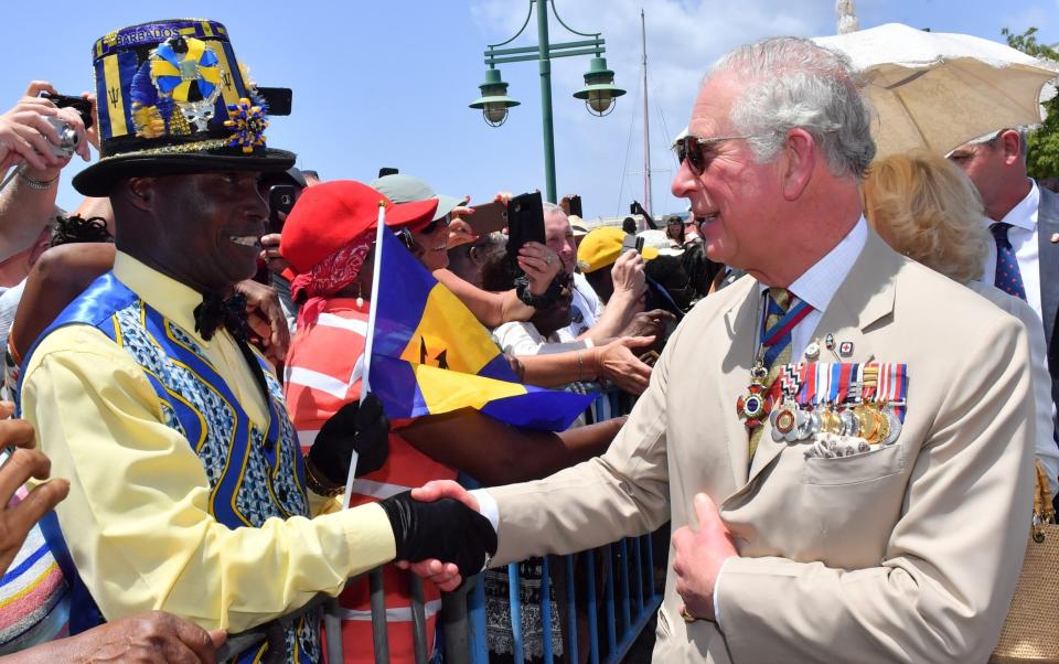 Prince Charles, Prince of Wales and Camilla, Duchess of Cornwall attend a parade and wreath laying ceremony at Hereos Square on March 19, 2019 in Bridgetown, Barbados. The Prince of Wales and Duchess of Cornwall are visiting a number countries as part of their Caribbean Tour. (Photo by Arthur Edwards-Pool/Getty Images) - Getty Images Europe 