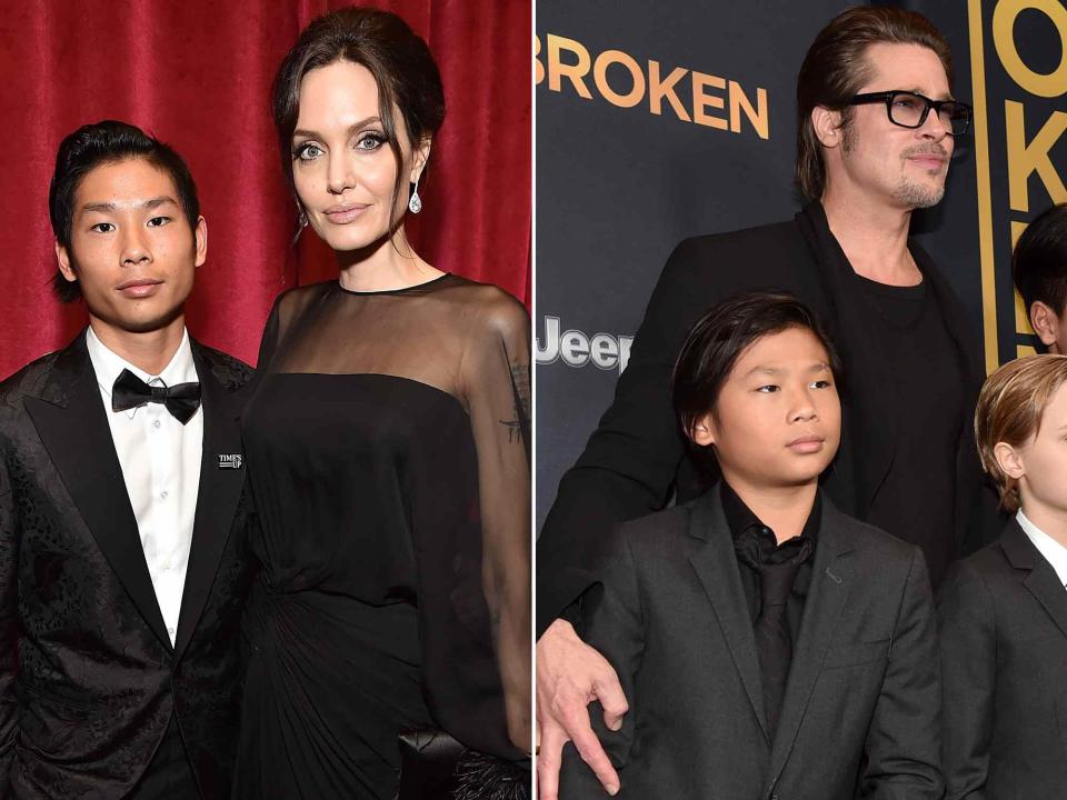 <p>Kevin Mazur/Getty ; Alberto E. Rodriguez/Getty</p> Left: Pax Jolie-Pitt and Angelina Jolie attend the Netflix Golden Globes after party on January 7, 2018 in Beverly Hills, California. Right: Brad Pitt and Pax Thien Jolie-Pitt at the premiere of Universal Studios