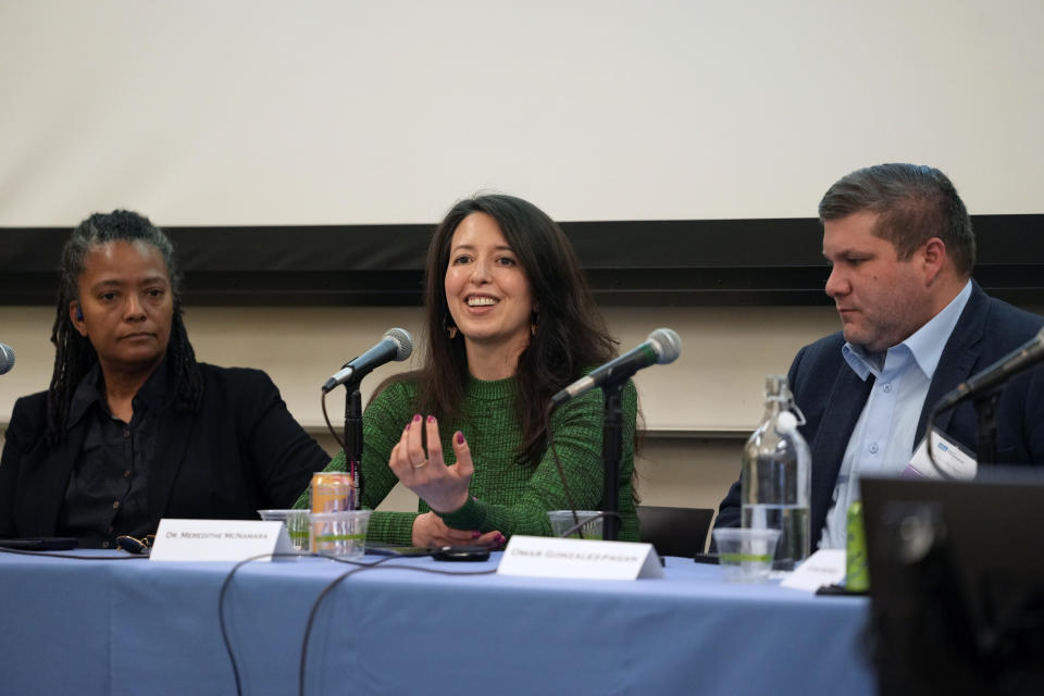 Nadine Smith, LGBT activist and executive director of Equality Florida, left, Dr. Meredithe McNamara, assistant professor of pediatrics specializing in adolescent medicine at the Yale School of Medicine, middle, and Omar Gonzalez-Pagan, Counsel and the Health Care Strategist at Lambda Legal, participate at a conference: "Contested Truths: LGBTQ Research in the Age of Misinformation," examining the spread of LGBTQ+ misinformation in the media, policymaking, and academia, at the University of California Los Angeles campus on Friday, April 14, 2023. (AP Photo/Damian Dovarganes)