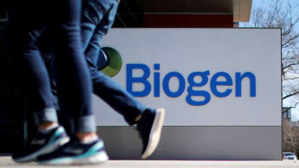 PHOTO: A sign marks a Biogen facility in Cambridge, Mass., March 9, 2020. (Brian Snyder/Reuters, FILE)