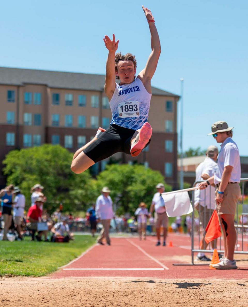 Andover’s Tayton Klein was the winner of the 5A long jump on Friday at the Kansas State High School Track and Field Championships at Cessna Stadium.