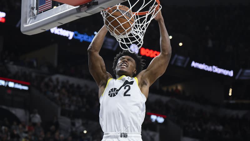 Utah Jazz’s Collin Sexton dunks during a game against the San Antonio Spurs on Tuesday, Dec. 26, 2023, in San Antonio.