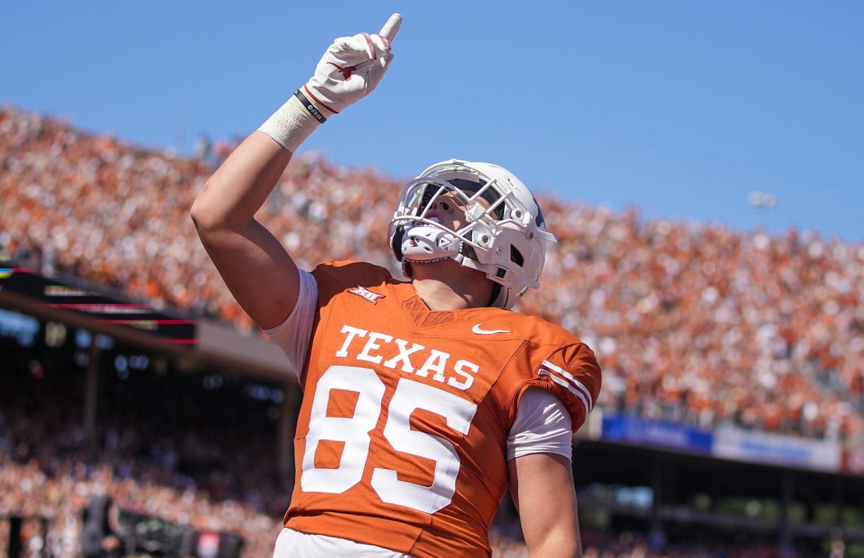 Texas tight end Gunnar Helm celebrates a touchdown during October's game against Oklahoma at the Cotton Bowl. Helm, who caught two touchdowns last season and earned honorable mention all-conference honors, could be the Longhorns' top tight end this season in wake of Ja'Tavion Sanders' departure.