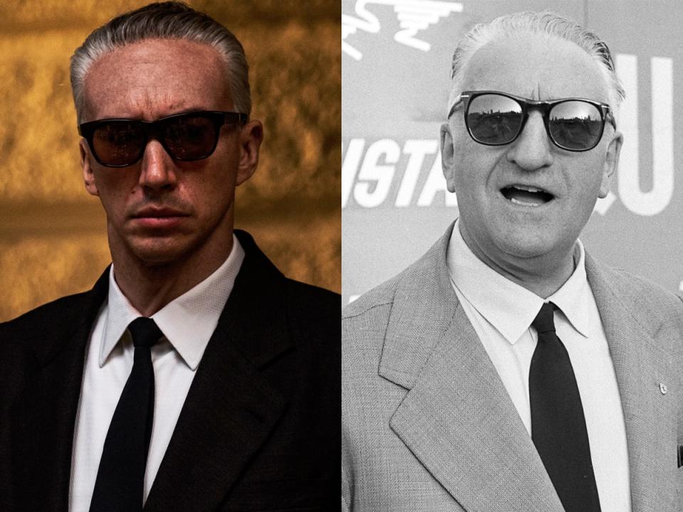 A side-by-side image of Adam Driver, in a black suit and sunglasses, as Enzo Ferrari in "Ferrari," and Enzo Ferrari, in a suit and sunglasses, in 1956.