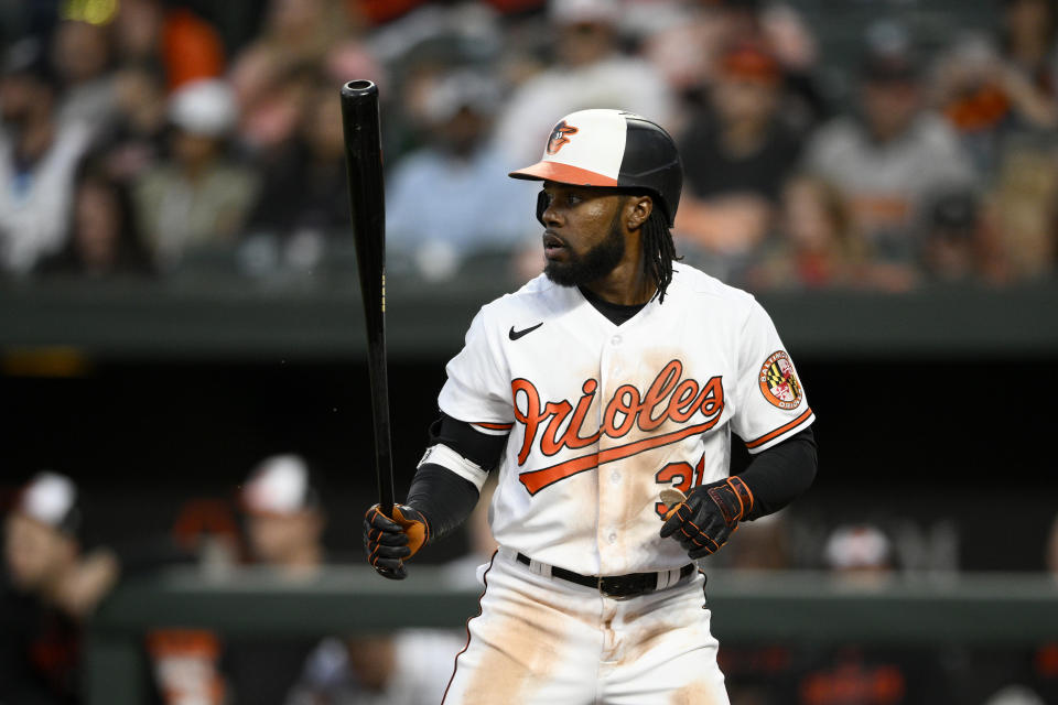 Baltimore Orioles' Cedric Mullins in action during a baseball game against the Tampa Bay Rays, Wednesday, May 10, 2023, in Baltimore. (AP Photo/Nick Wass)