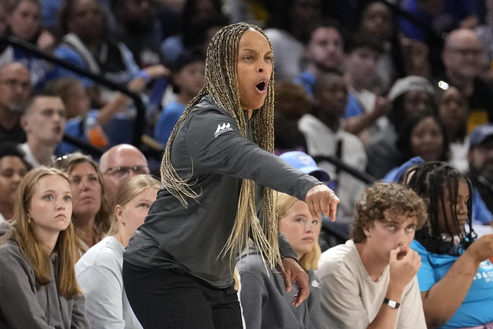 Chicago Sky head coach Teresa Weatherspoon directs her team during the second half of a WNBA basketball game against the Atlanta Dream Wednesday, July 10, 2024, in Chicago. (AP Photo/Charles Rex Arbogast)