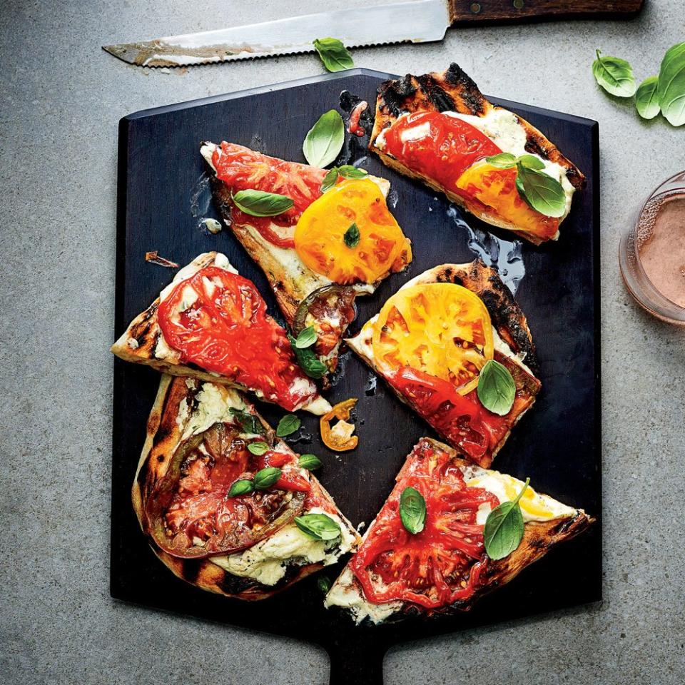 Crackly and Chewy Grilled Flatbreads with Herbed Cheese Spread and Tomatoes