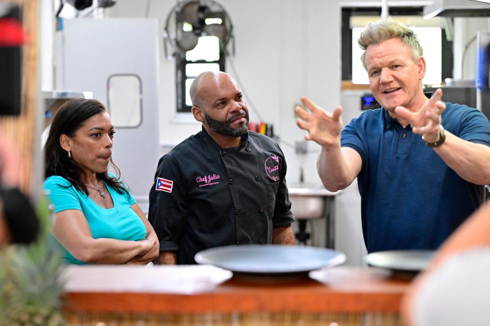 Celebrity Chef Gordon Ramsay, right, with El Cantito brother-and-sister Owners Julio and Adelvi (aka Debbie) Santana on an episode of "Kitchen Nightmares." The FOX show airs Nov. 20 at 8 p.m.