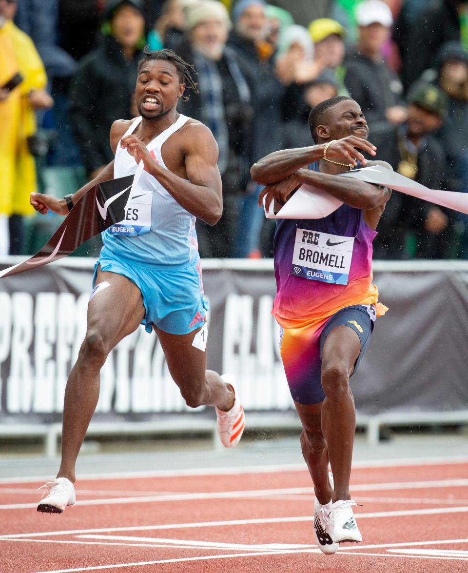 Trayvon Bromell celebrates as he crosses the finish line to win the men’s 100 meter dash Saturday, May 28, 2022, during The Prefontaine Classic at Hayward Field in Eugene, Oregon.